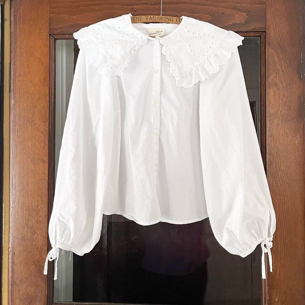 White Cotton Eyelet Ruffle Collared Cottage Long Sleeve Shirt Small Womens